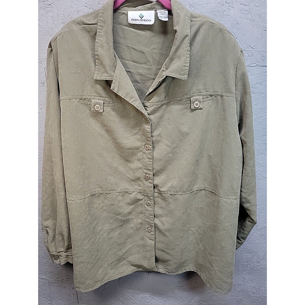 Erin London Casual Button Up Shirt 3X  LongSleeve Green Jacket‎ Blouse